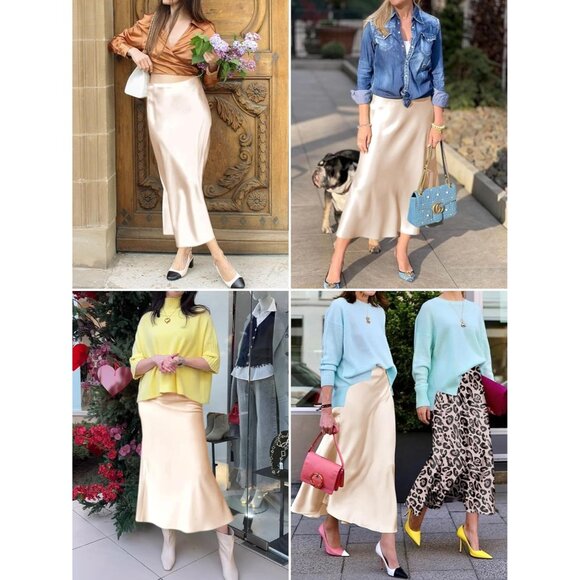 Women Champagne Maxi Dressy Casual Zipped High Waisted Silk Elegant Long Skirt - Picture 3 of 7